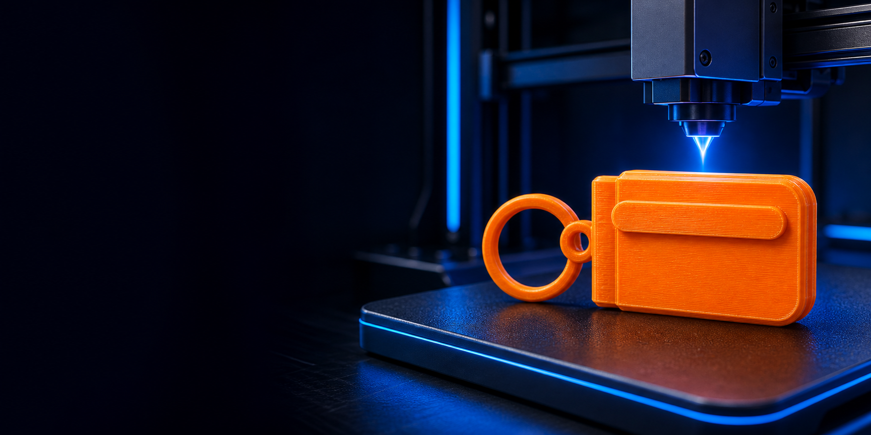 Chaveiro 3D laranja sobre mesa de impressora 3D